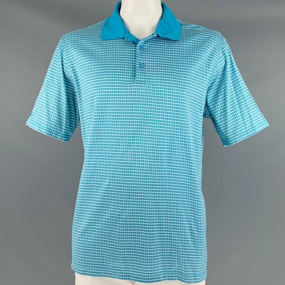 BUGATCHI UOMO Size L Blue White Squares Cotton Buttoned Polo